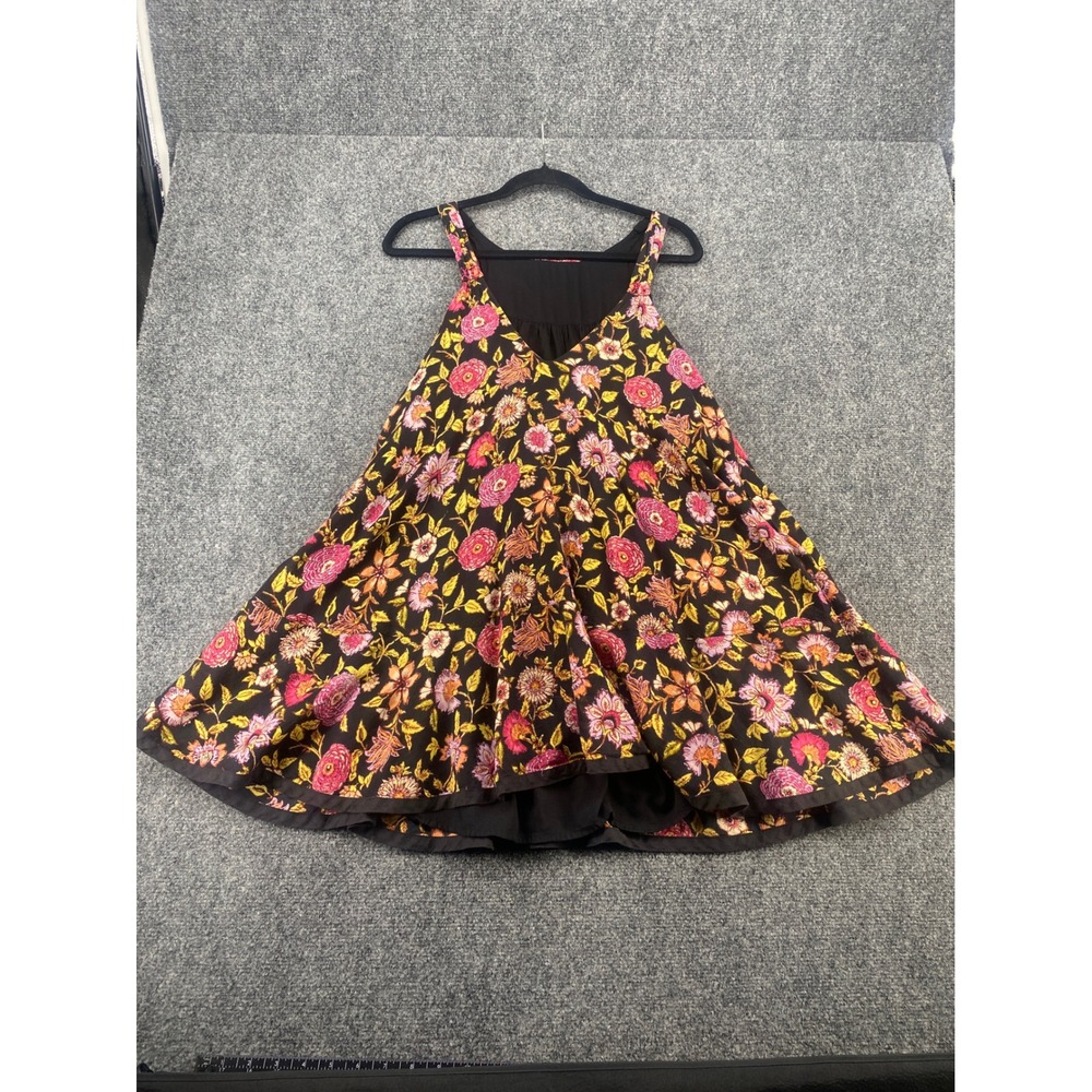 Free People Floral Smocked Mini Dress XS Black Pink Boho V-Neck Sleeveless